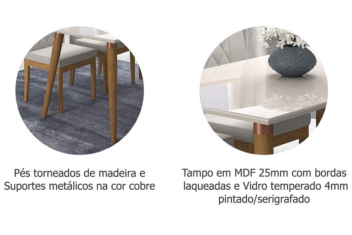 Sala Jantar Mesa Adele Madeira Maciça c/ Tampo Madeirado c/ Vidro 130x80cm e 4 Cadeiras Maia - Cimol
