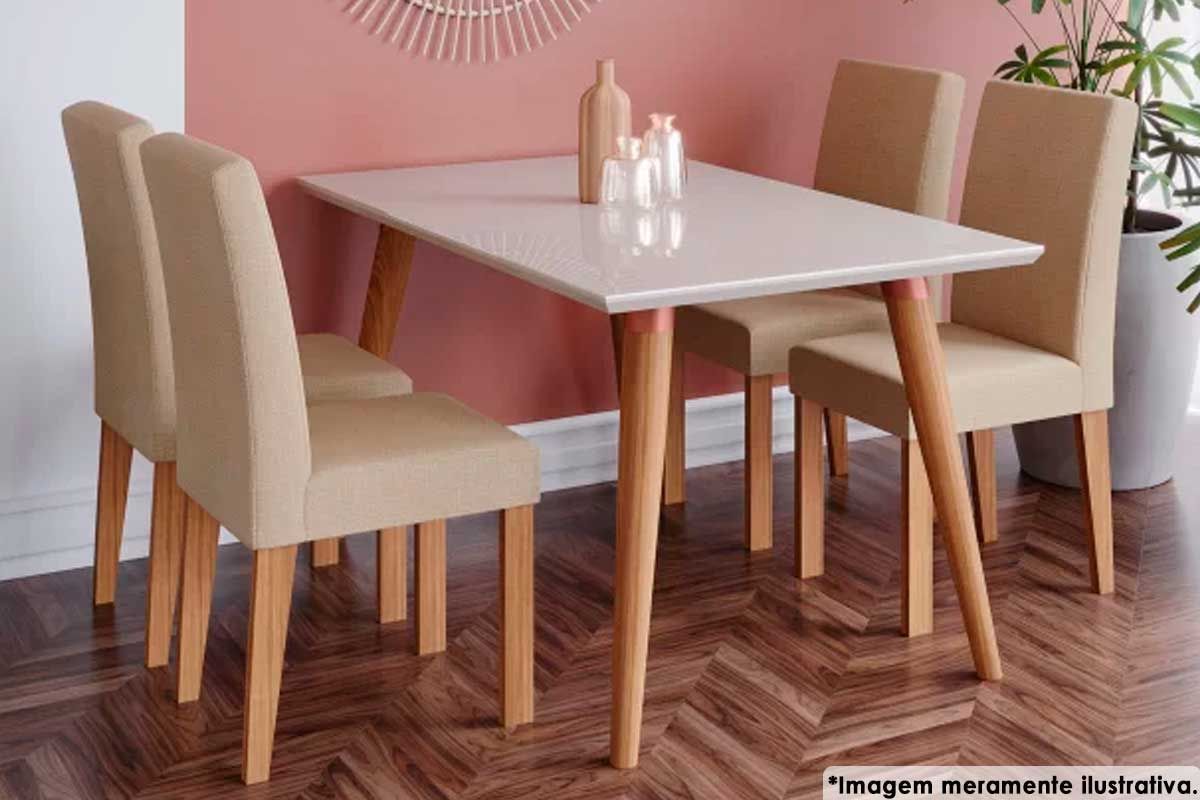 Sala Jantar Mesa Adele Madeira Maciça c/ Tampo Madeirado c/ Vidro 130x80cm e 4 Cadeiras Maia - Cimol