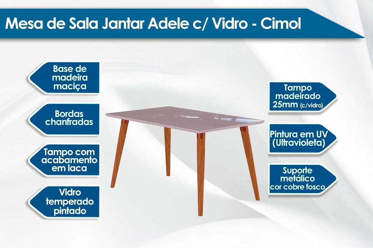 Sala Jantar Mesa Adele Madeira Maciça c/ Tampo Madeirado c/ Vidro 130x80cm e 4 Cadeiras Maia - Cimol