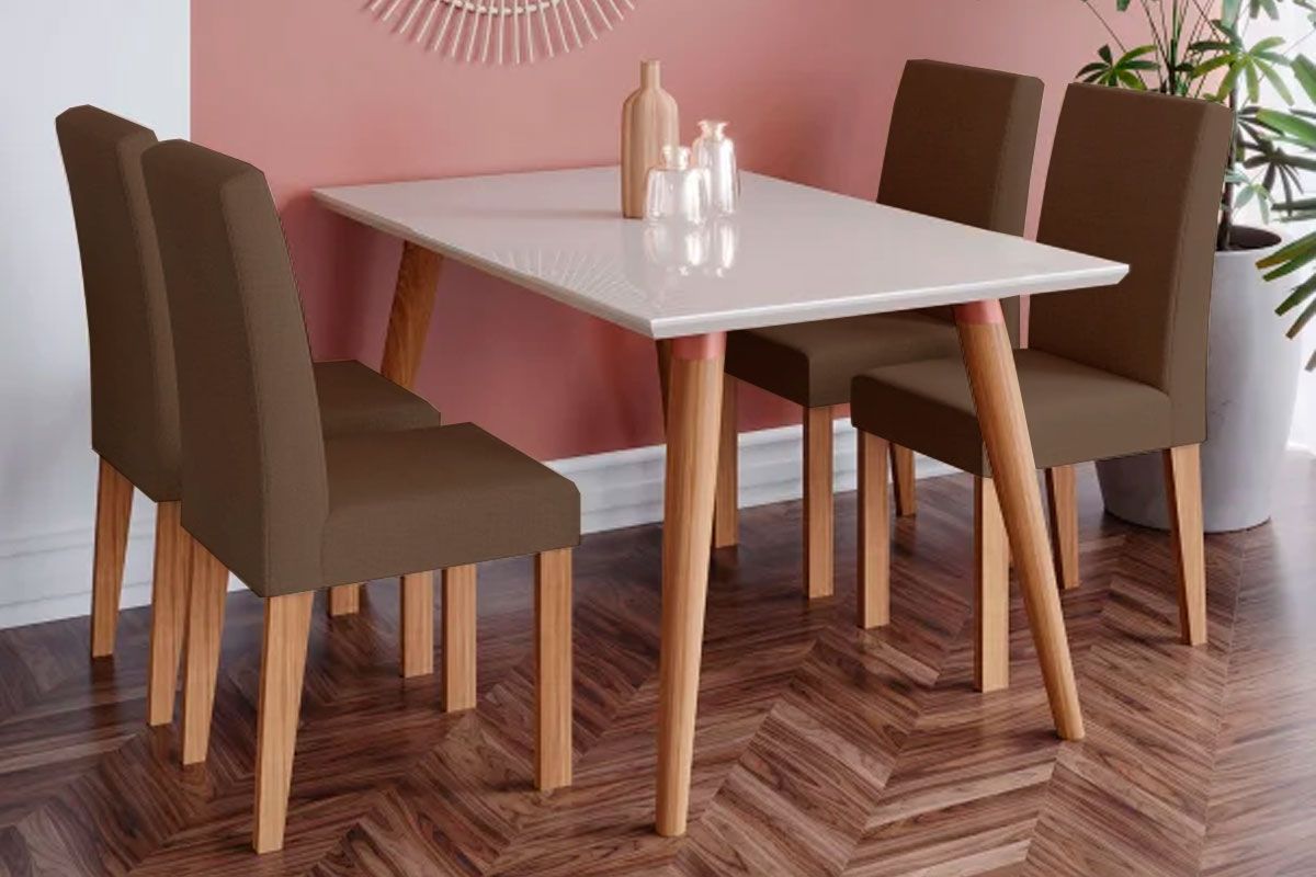 Sala Jantar Mesa Adele Madeira Maciça c/ Tampo Madeirado c/ Vidro 130x80cm e 4 Cadeiras Maia - Cimol