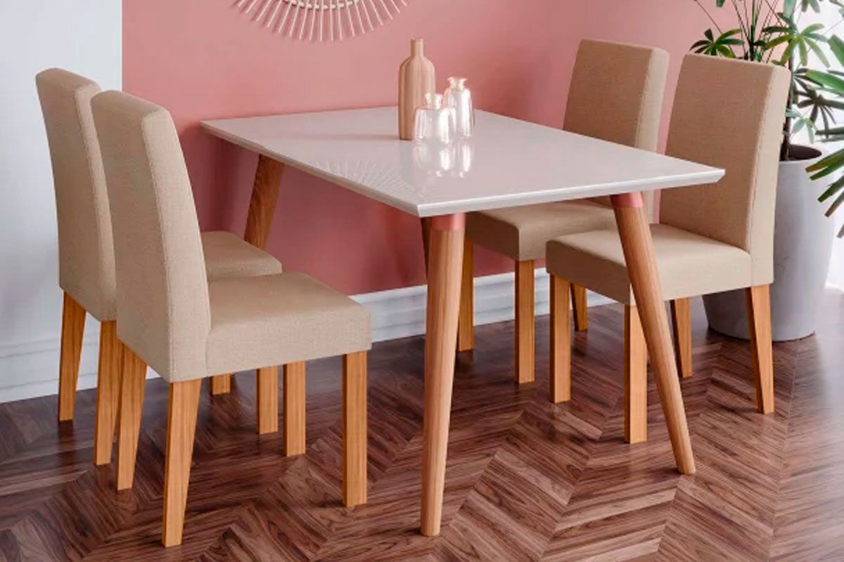Sala Jantar Mesa Adele Madeira Maciça c/ Tampo Madeirado c/ Vidro 130x80cm e 4 Cadeiras Milena - Cimol