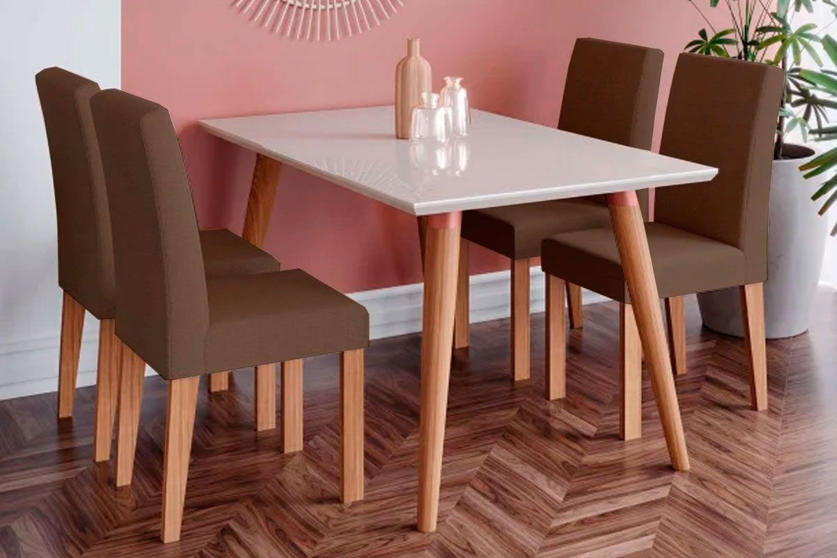 Sala Jantar Mesa Adele Madeira Maciça c/ Tampo Madeirado c/ Vidro 130x80cm e 4 Cadeiras Milena - Cimol