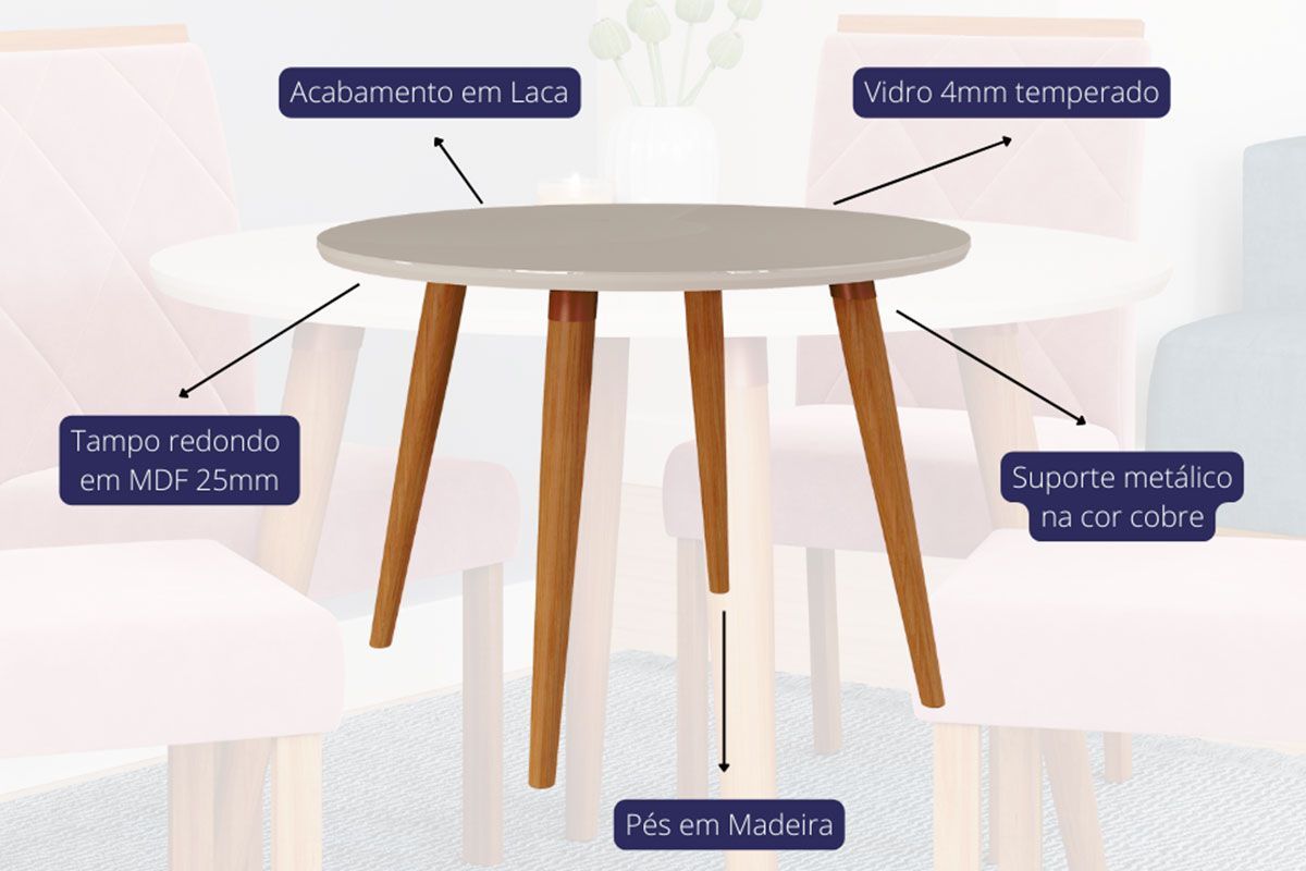 Sala Jantar Mesa DanI c/ Tampo Madeirado c/ Vidro 110cm e 4 Cadeiras Maia - Cimol