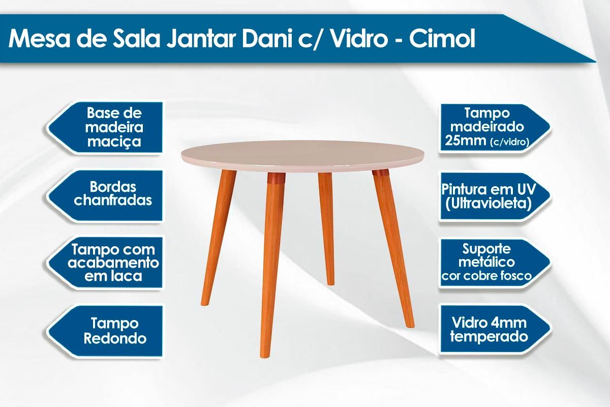 Sala Jantar Mesa DanI c/ Tampo Madeirado c/ Vidro 110cm e 4 Cadeiras Maia - Cimol
