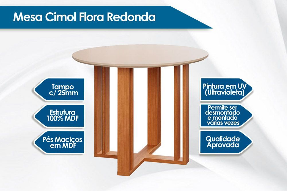 Sala Jantar Mesa Flora c/ Tampo Madeirado 93cm e 4 Cadeiras Maia - Cimol