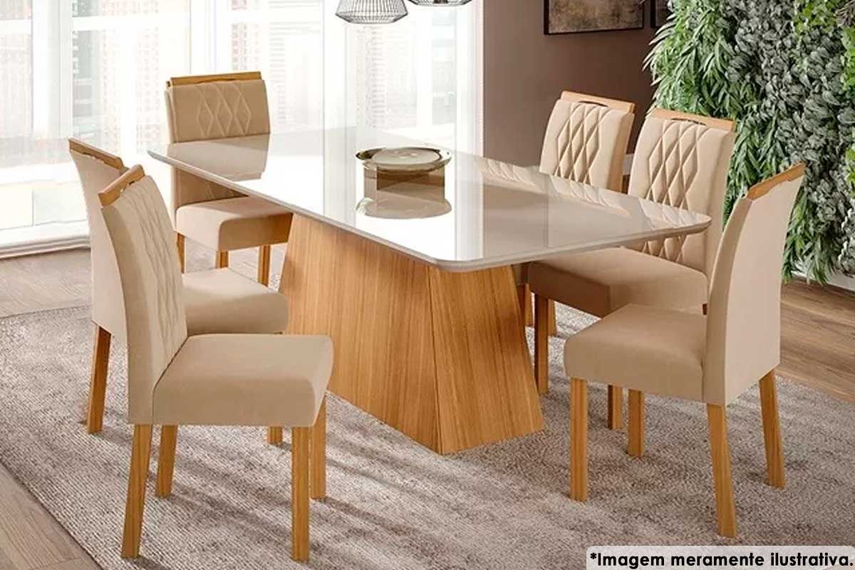 Sala Jantar Mesa Helena c/ Tampo Madeirado c/ Vidro 210x100cm e 6 Cadeiras Juliana - Cimol