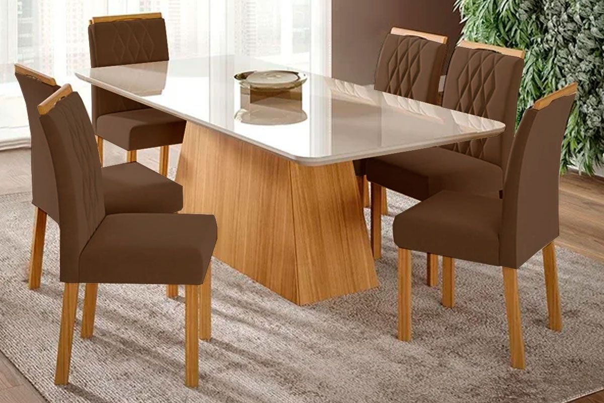 Sala Jantar Mesa Helena c/ Tampo Madeirado c/ Vidro 210x100cm e 6 Cadeiras Juliana - Cimol