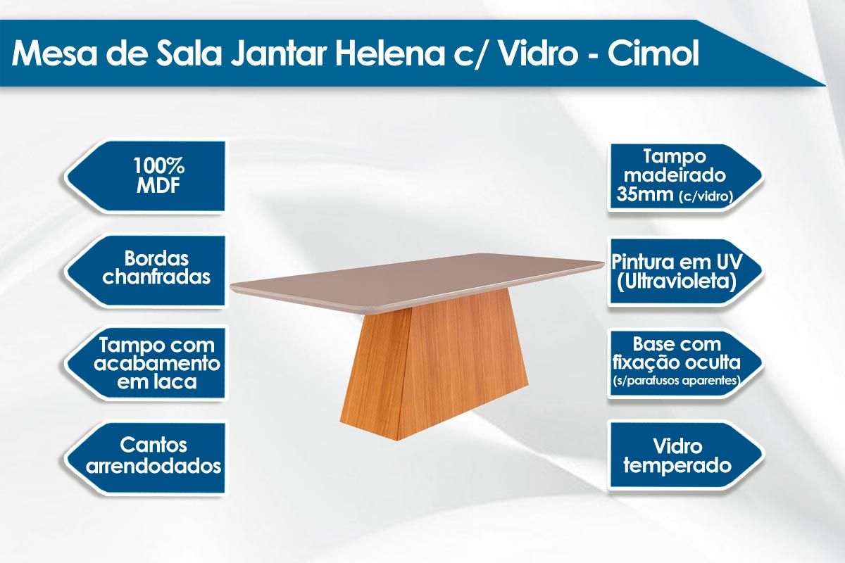Sala Jantar Mesa Helena c/ Tampo Madeirado c/ Vidro 210x100cm e 8 Cadeiras Juliana - Cimol