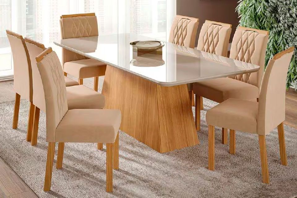 Sala Jantar Mesa Helena c/ Tampo Madeirado c/ Vidro 210x100cm e 8 Cadeiras Juliana - Cimol