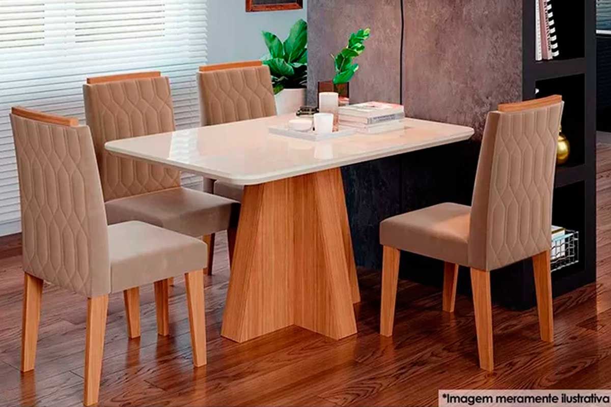 Sala Jantar Mesa Maite c/ Tampo Madeirado c/ Vidro Canto Curvo 130x80cm e 4 Cadeiras Paola - Cimol