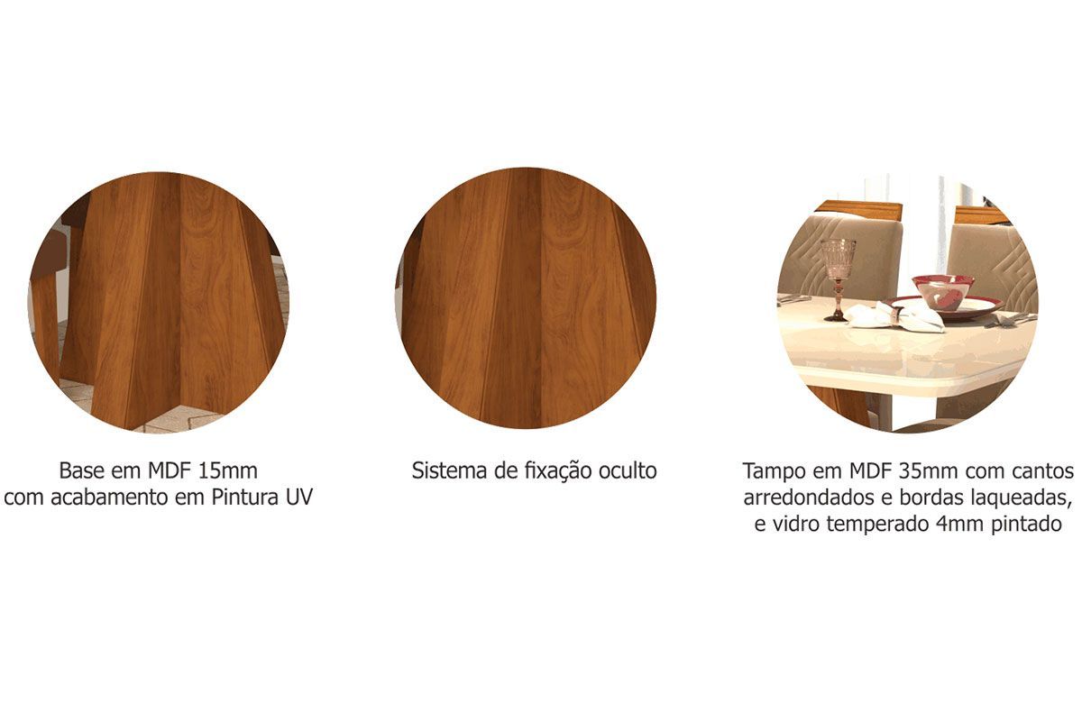 Sala Jantar Mesa Maite c/ Tampo Madeirado c/ Vidro Canto Curvo 130x80cm e 4 Cadeiras Paola - Cimol