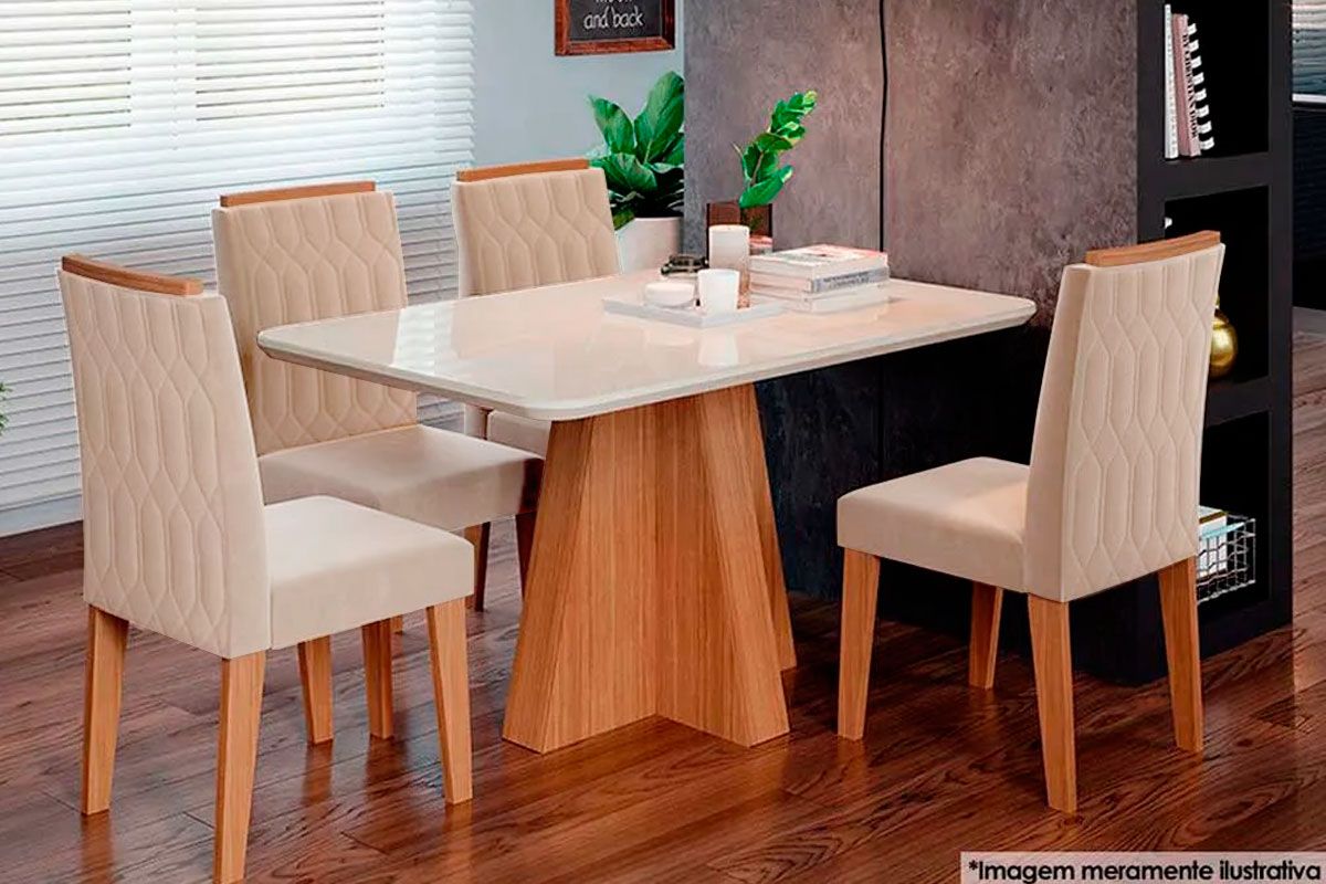 Sala Jantar Mesa Maite c/ Tampo Madeirado c/ Vidro Canto Curvo 130x80cm e 4 Cadeiras Paola - Cimol