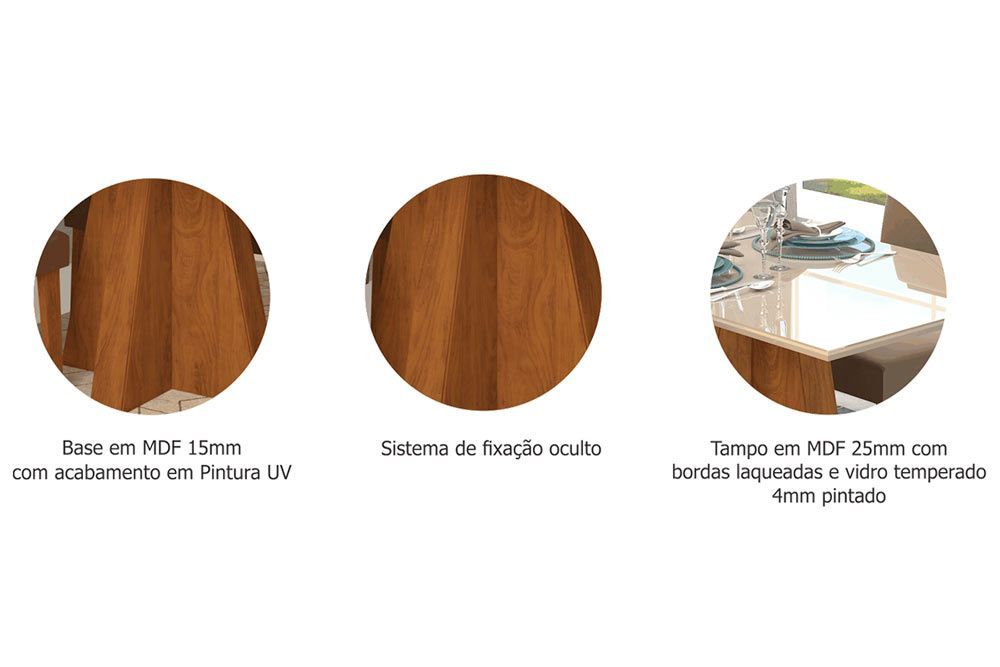 Sala Jantar Mesa Patricia c/ Tampo Madeirado c/ Vidro Canto Reto 130x80cm e 4 Cadeiras Paola - Cimol