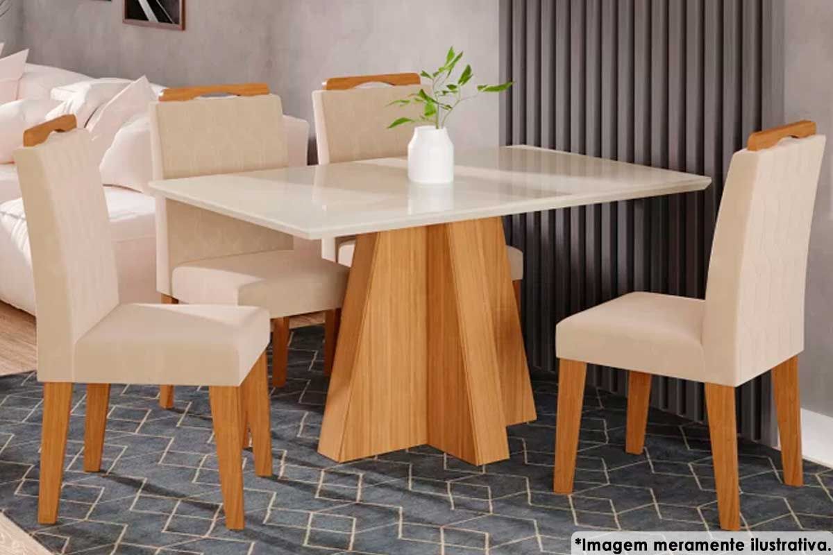 Sala Jantar Mesa Patricia c/ Tampo Madeirado c/ Vidro Canto Reto 130x80cm e 4 Cadeiras Paola - Cimol