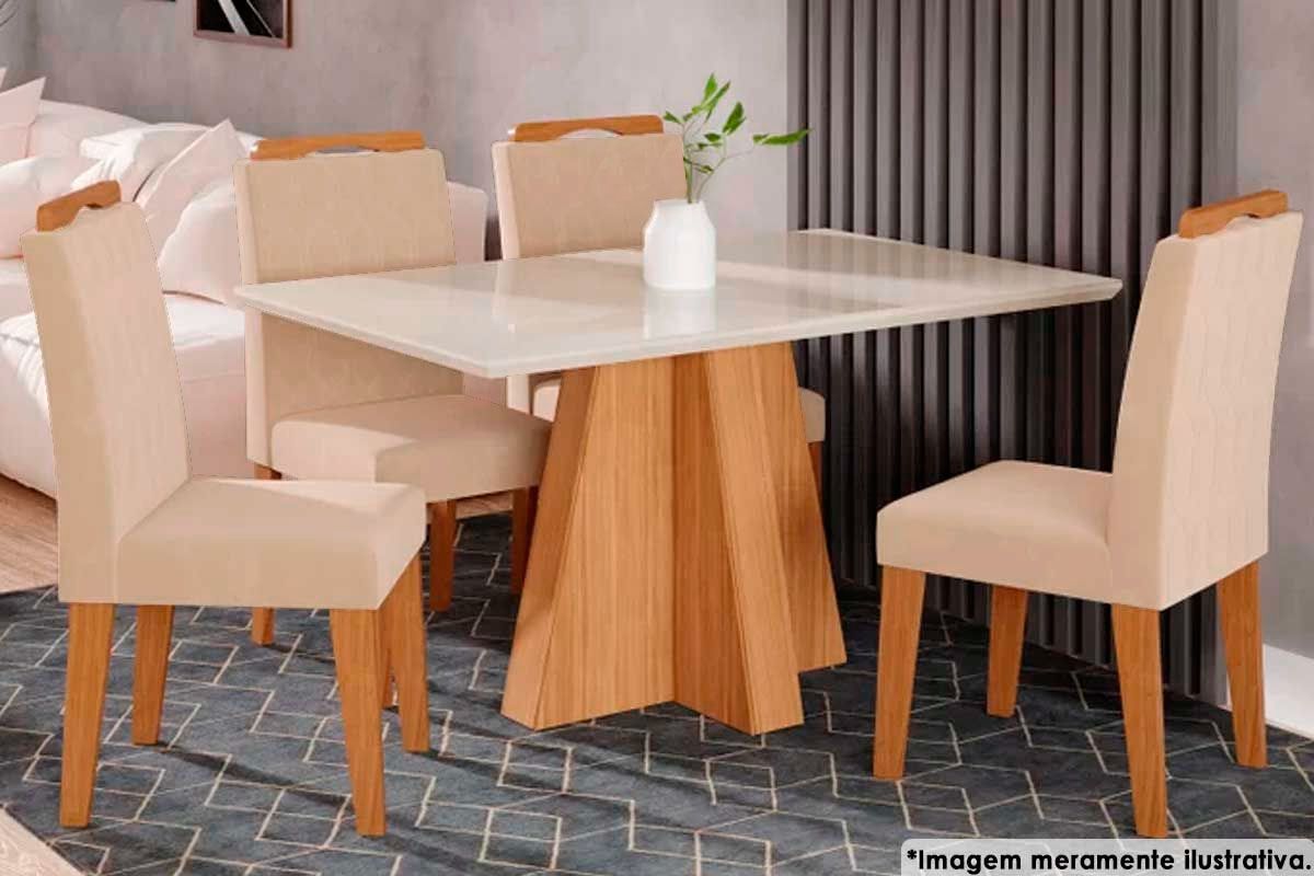 Sala Jantar Mesa Patricia c/ Tampo Madeirado c/ Vidro Canto Reto 130x80cm e 4 Cadeiras Paola - Cimol
