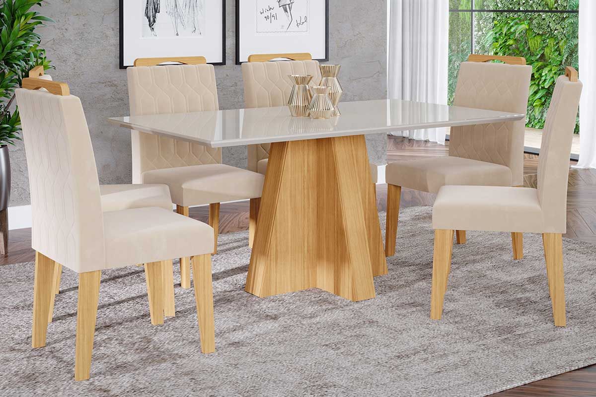 Sala Jantar Mesa Patricia c/ Tampo Madeirado c/ Vidro Canto Reto 160x80cm e 6 Cadeiras Paola - Cimol
