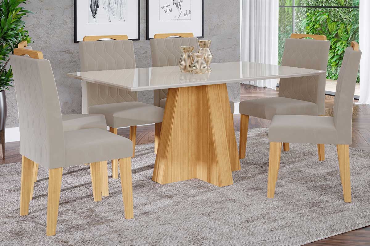 Sala Jantar Mesa Patricia c/ Tampo Madeirado c/ Vidro Canto Reto 160x80cm e 6 Cadeiras Paola - Cimol