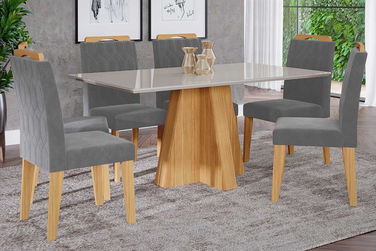 Sala Jantar Mesa Patricia c/ Tampo Madeirado c/ Vidro Canto Reto 160x80cm e 6 Cadeiras Paola - Cimol