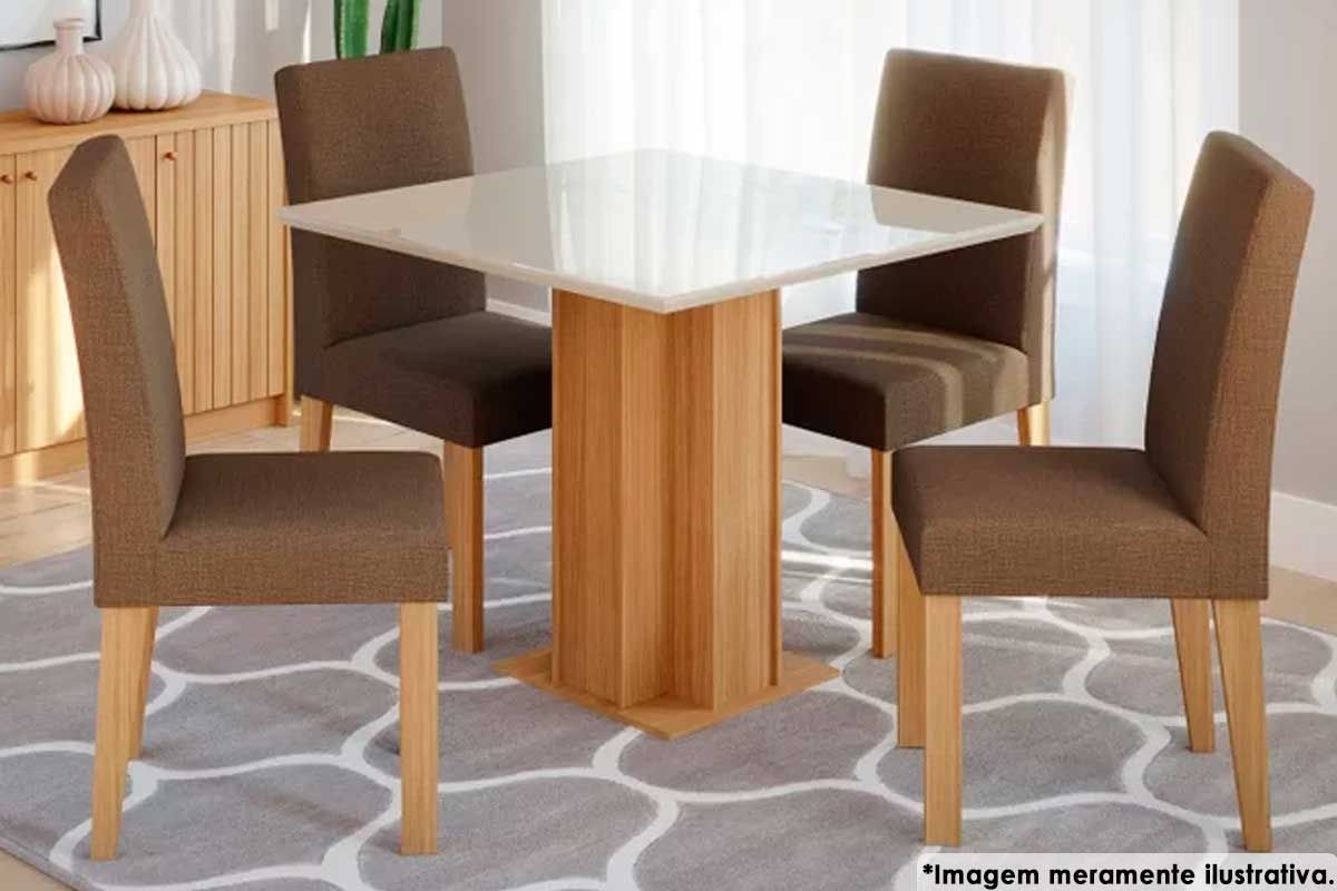 Sala Jantar Mesa Sophia c/ Tampo Madeirado c/ Vidro 95x95cm e 4 Cadeiras Maia - Cimol