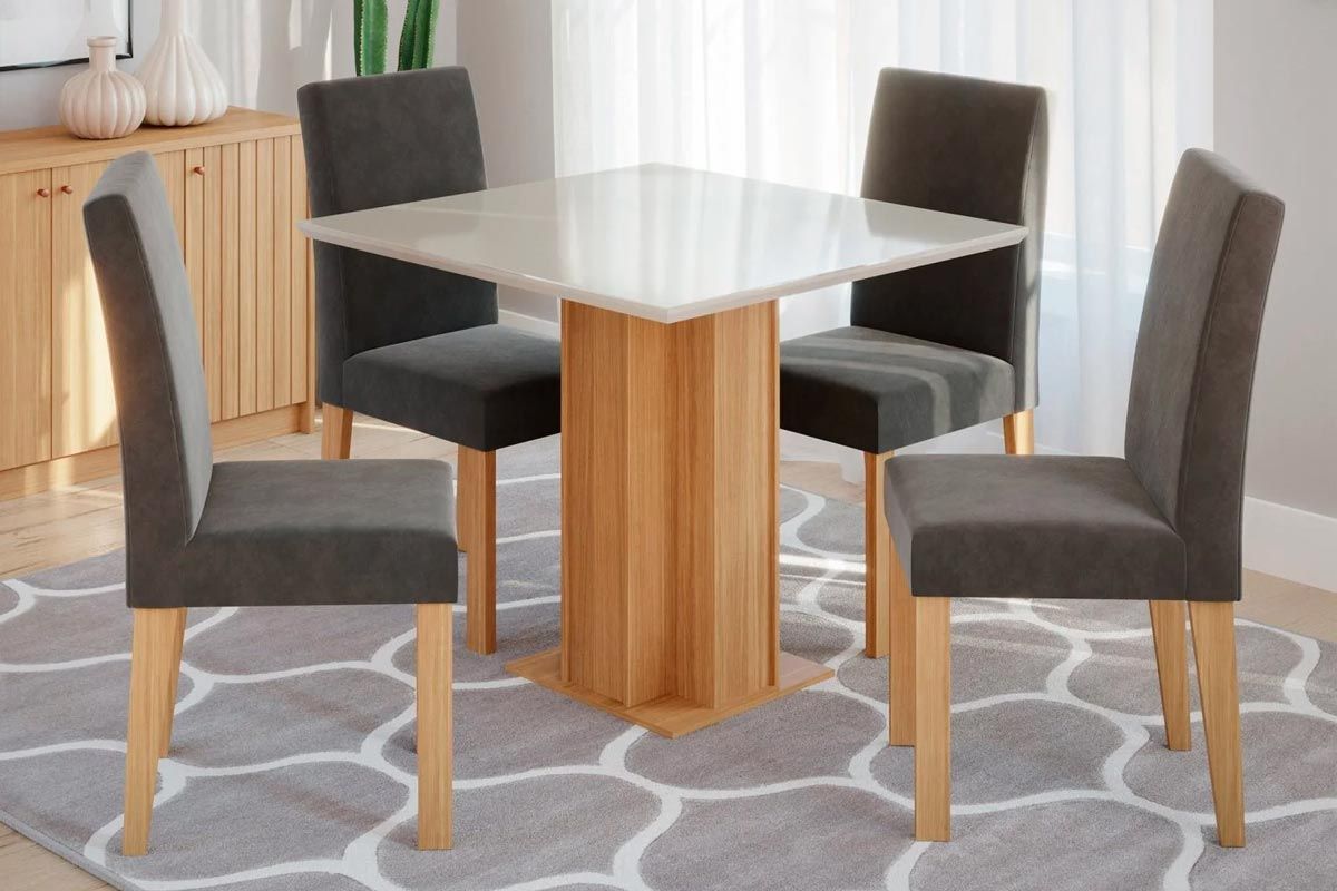 Sala Jantar Mesa Sophia c/ Tampo Madeirado c/ Vidro 95x95cm e 4 Cadeiras Maia - Cimol