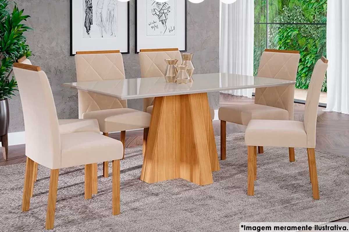 Sala Jantar Mesa Patricia c/ Tampo Madeirado c/ Vidro Canto Reto 160x80cm e 6 Cadeiras Fernanda - Cimol