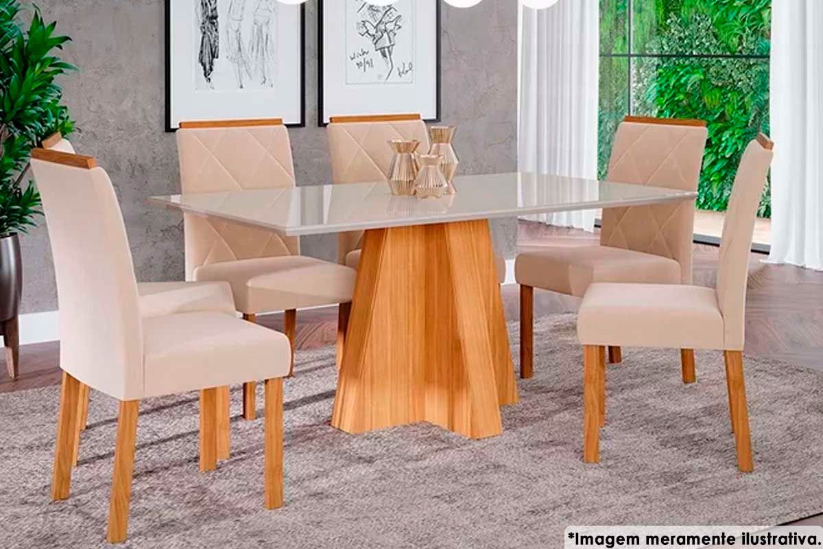 Sala Jantar Mesa Patricia c/ Tampo Madeirado c/ Vidro Canto Reto 160x80cm e 6 Cadeiras Fernanda - Cimol