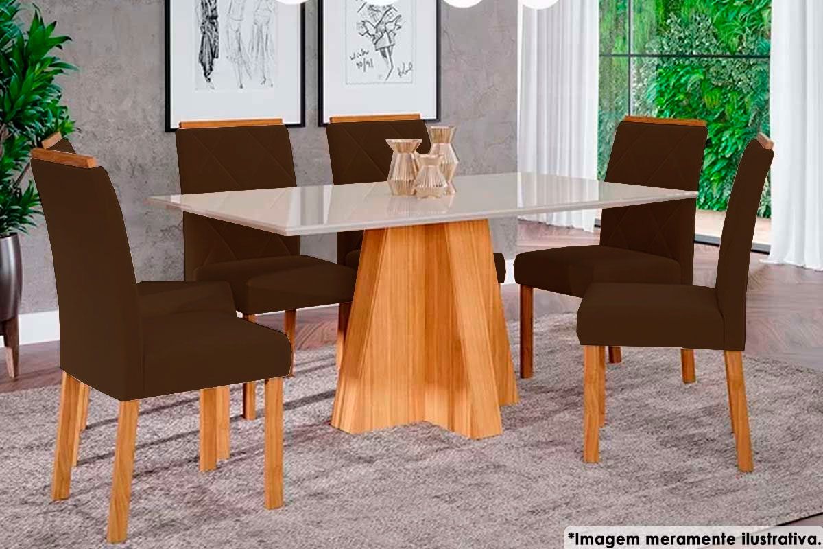 Sala Jantar Mesa Patricia c/ Tampo Madeirado c/ Vidro Canto Reto 160x80cm e 6 Cadeiras Fernanda - Cimol