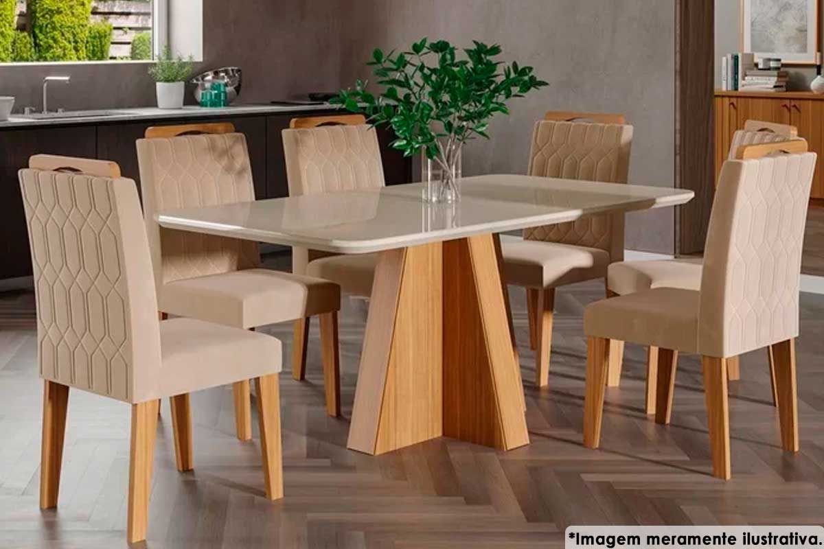Sala Jantar Mesa Maite c/ Tampo Madeirado c/ Vidro Canto Curvo 160X80cm e 6 Cadeiras Paola - Cimol