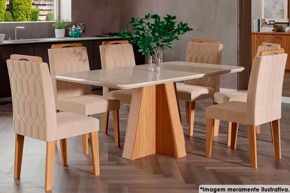Sala Jantar Mesa Maite c/ Tampo Madeirado c/ Vidro Canto Curvo 160X80cm e 6 Cadeiras Paola - Cimol