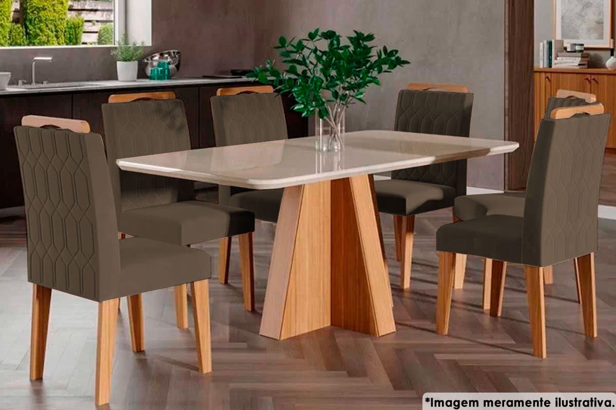 Sala Jantar Mesa Maite c/ Tampo Madeirado c/ Vidro Canto Curvo 160X80cm e 6 Cadeiras Paola - Cimol