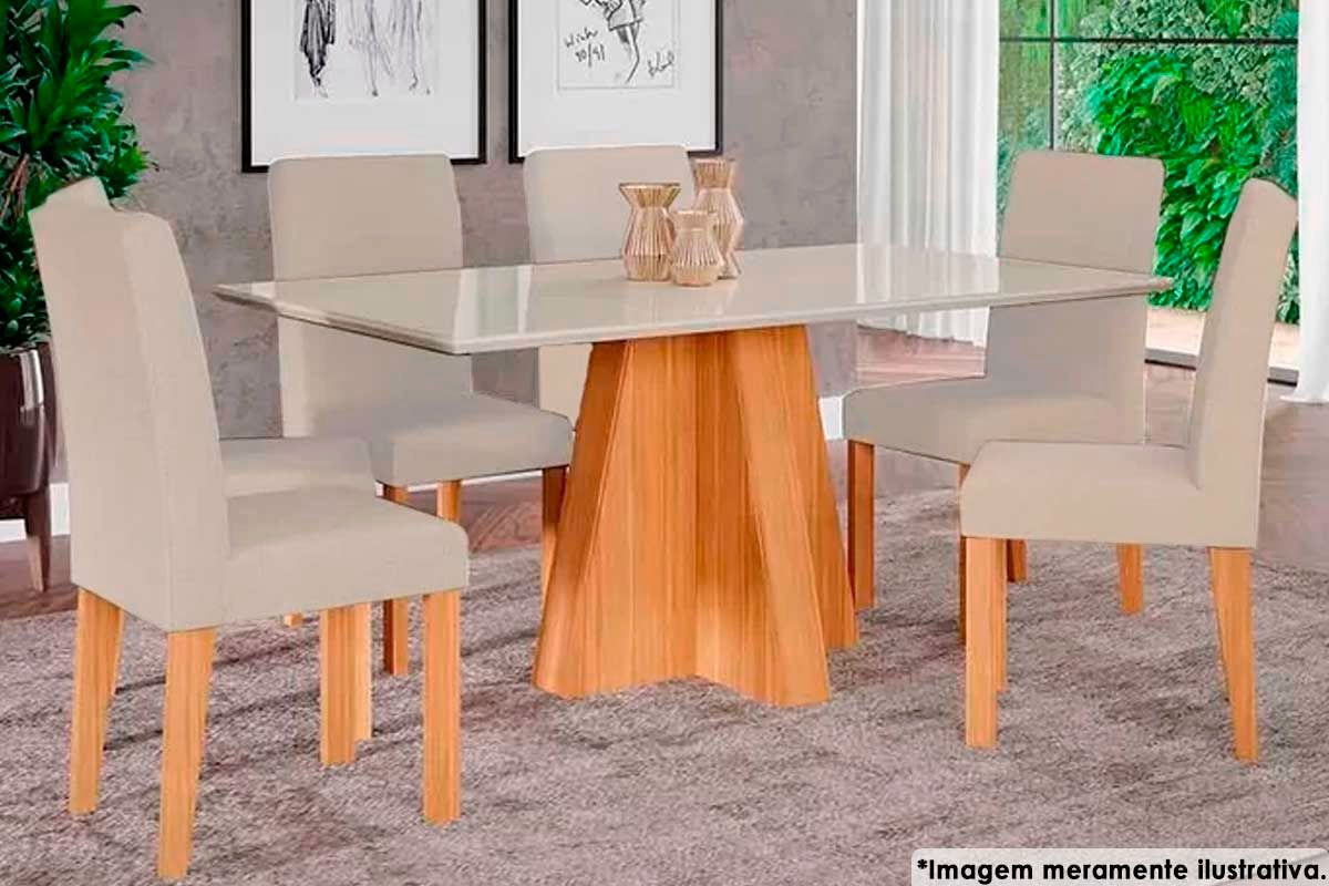 Sala Jantar Mesa Maite c/ Tampo Madeirado c/ Vidro Canto Curvo 160x80cm e 6 Cadeiras Maia - Cimol