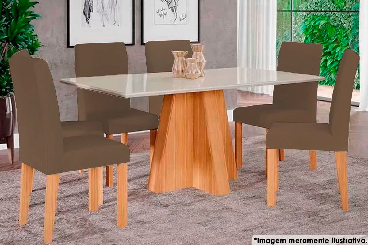 Sala Jantar Mesa Maite c/ Tampo Madeirado c/ Vidro Canto Curvo 160x80cm e 6 Cadeiras Maia - Cimol