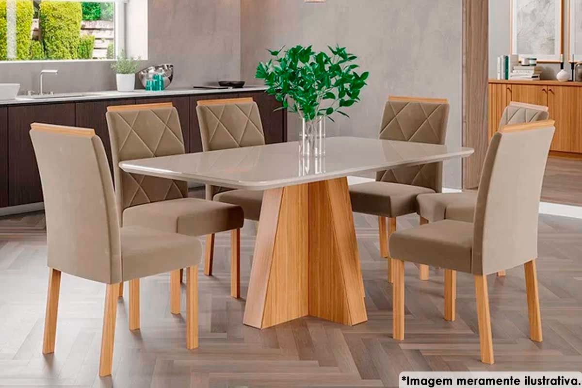 Sala Jantar Mesa Maite c/ Tampo Madeirado c/ Vidro Canto Curvo 130x80cm e 6 Cadeiras Maia - Cimol
