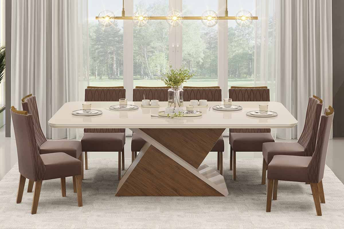 Sala de Jantar Completa Zafira c/ Tampo Madeirado c/ Vidro 200x100cm e 8 Cadeiras Jade - DJ Móveis