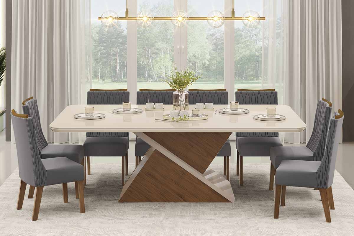 Sala de Jantar Completa Zafira c/ Tampo Madeirado c/ Vidro 200x100cm e 8 Cadeiras Jade - DJ Móveis