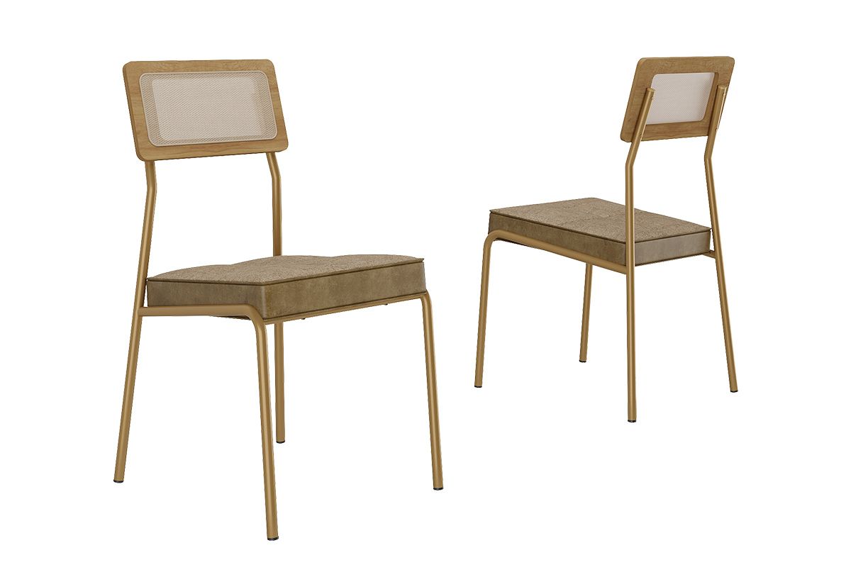 Cadeira Jantar Lux 1741 Aço Kit 2 Uni CarraroDourado/Linho Bamboo/Corano Bamboo
