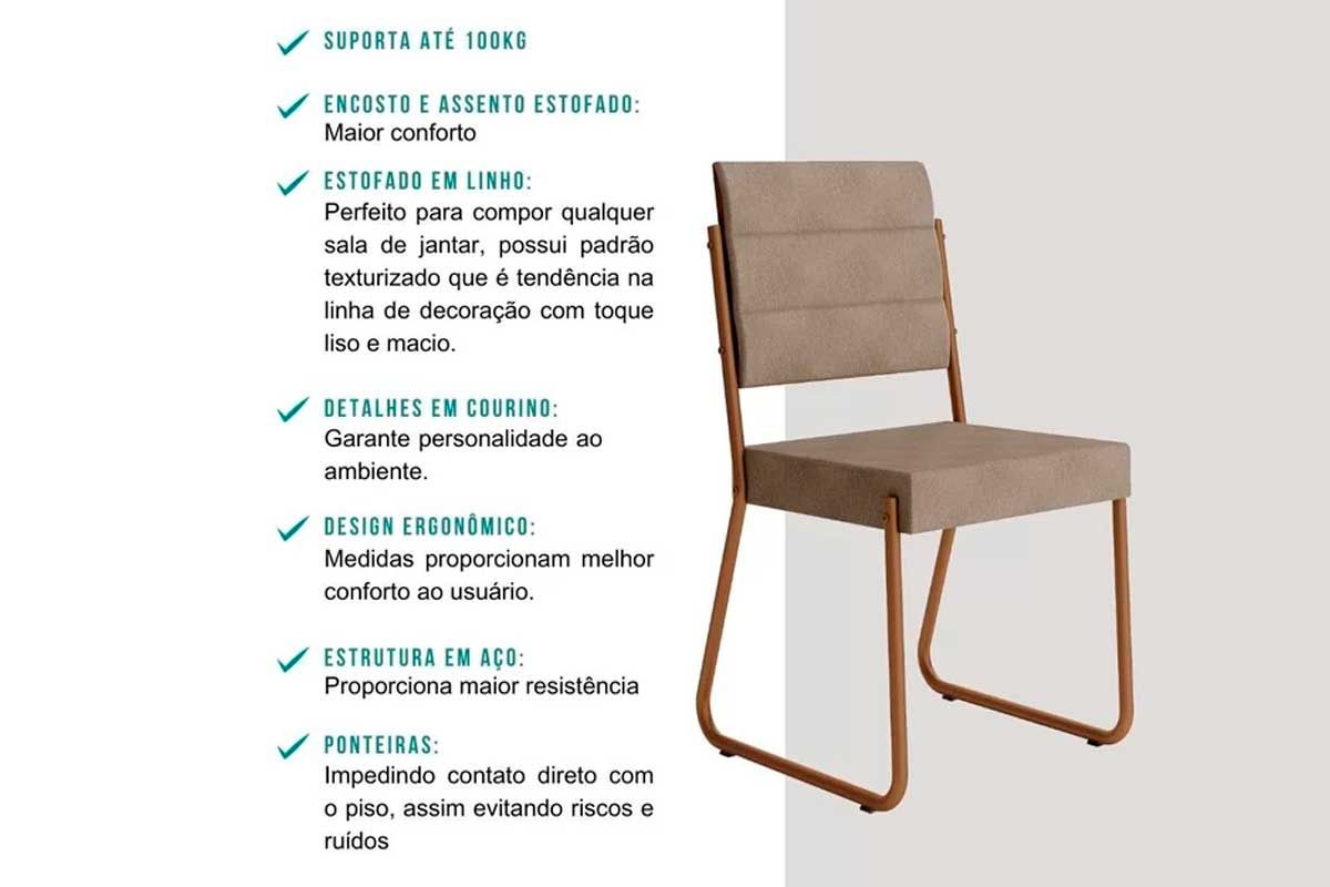 Sala de Jantar Completa 1547 Aço c/ Tampo Madeirado 160x90cm e 6 Cadeiras 1736 - Carraro