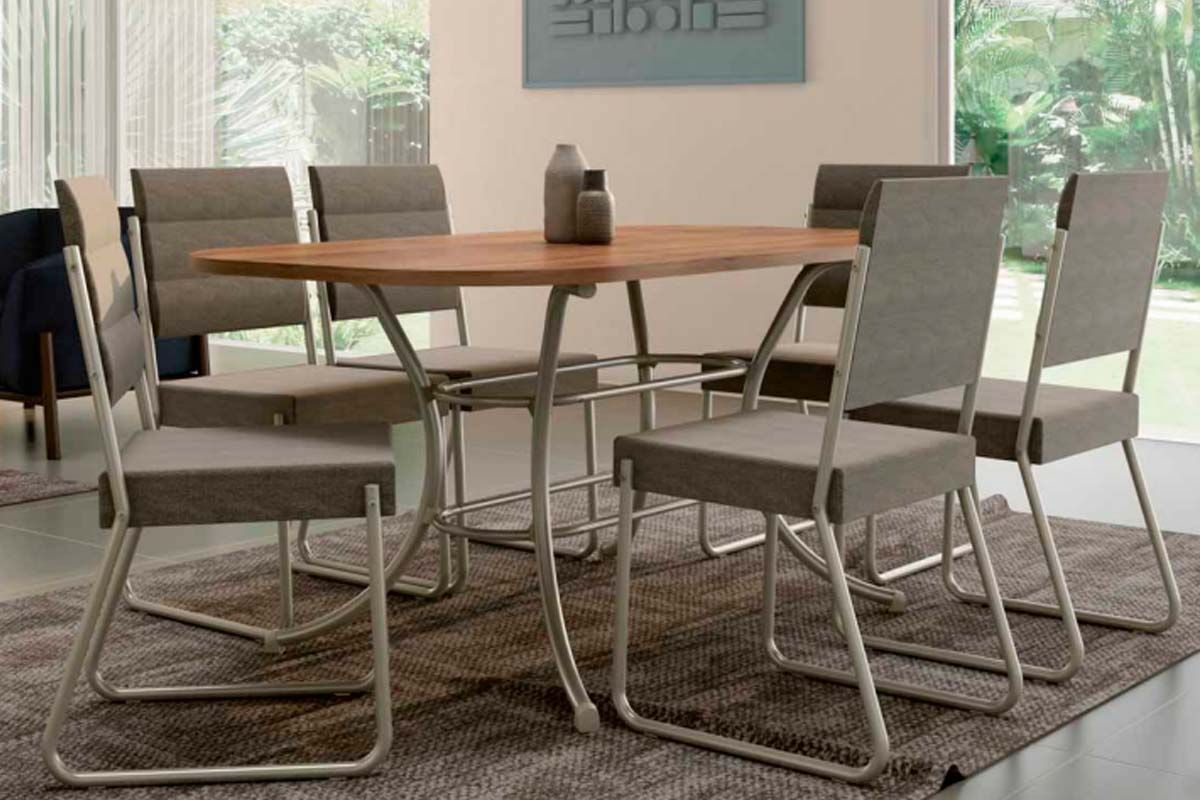 Sala de Jantar Completa 1547 Aço c/ Tampo Madeirado 160x90cm e 6 Cadeiras 1736 - Carraro