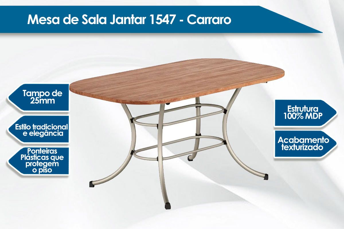 Sala de Jantar Completa 1547 Aço c/ Tampo Madeirado 160x90cm e 6 Cadeiras 1736 - Carraro