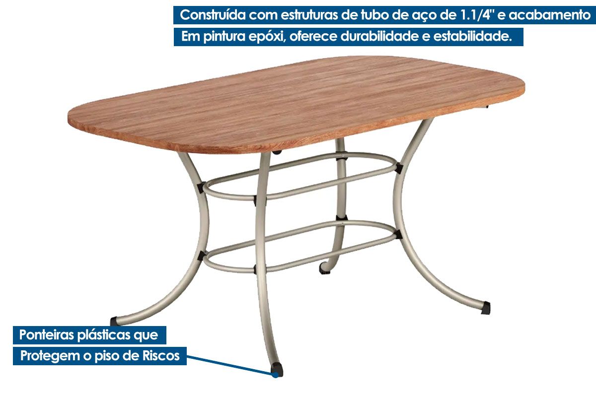 Sala de Jantar Completa 1547 Aço c/ Tampo Madeirado 160x90cm e 6 Cadeiras 1736 - Carraro