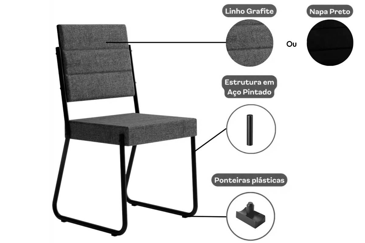 Sala de Jantar Completa 1547 Aço c/ Tampo Madeirado 160x90cm e 6 Cadeiras 1736 - Carraro