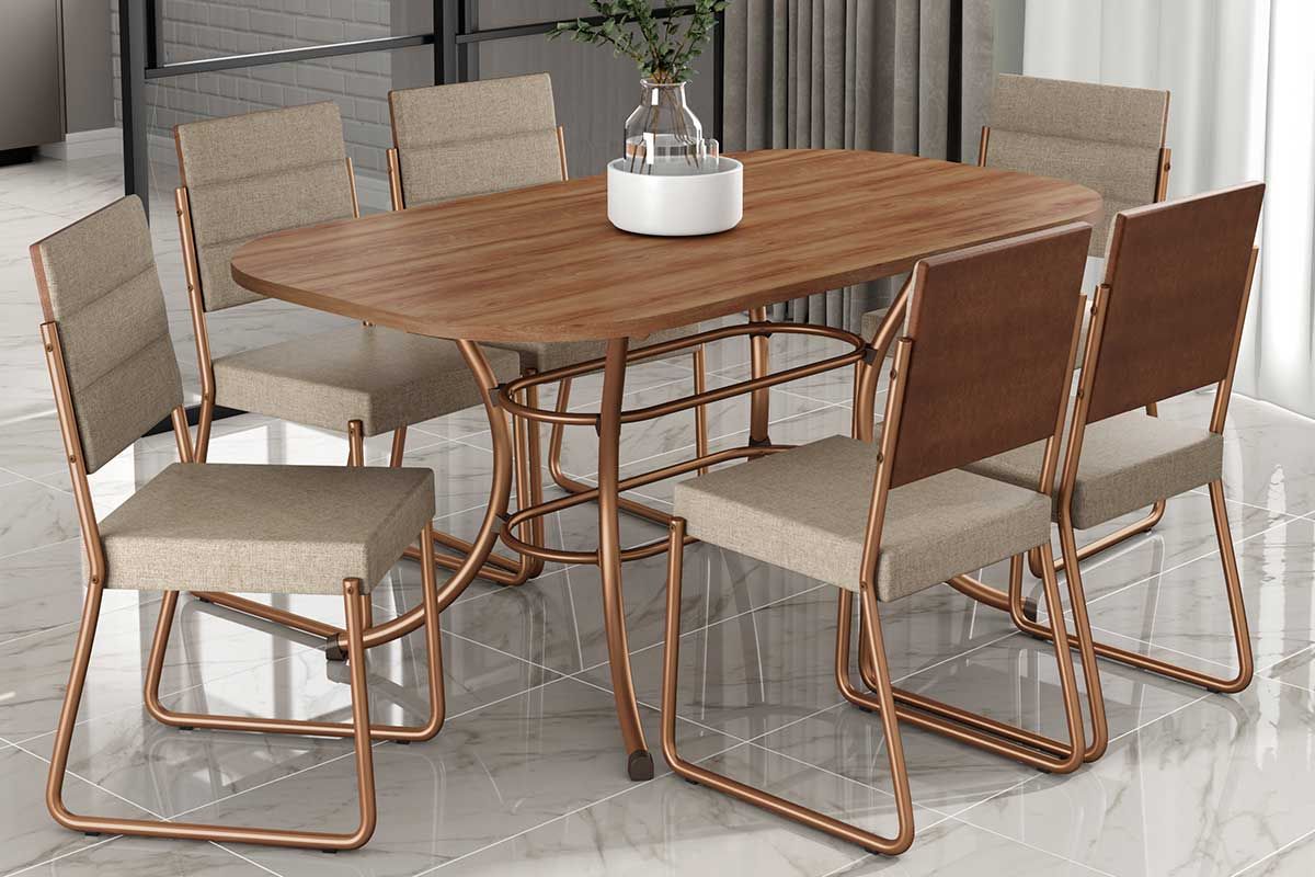 Sala de Jantar Completa 1547 Aço c/ Tampo Madeirado 160x90cm e 6 Cadeiras 1736 - Carraro