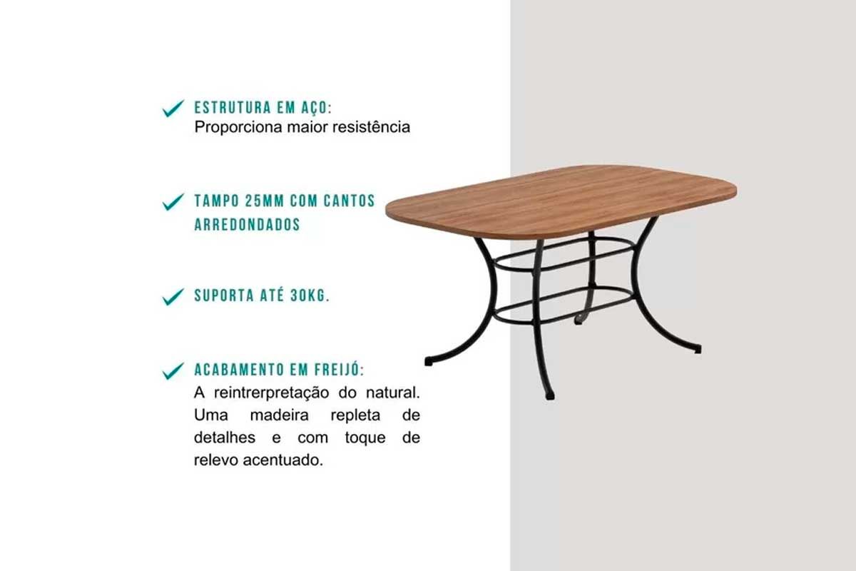 Sala de Jantar Completa 1547 c/ Tampo Madeirado 136x80cm e 6 Cadeiras 1738 - Carraro