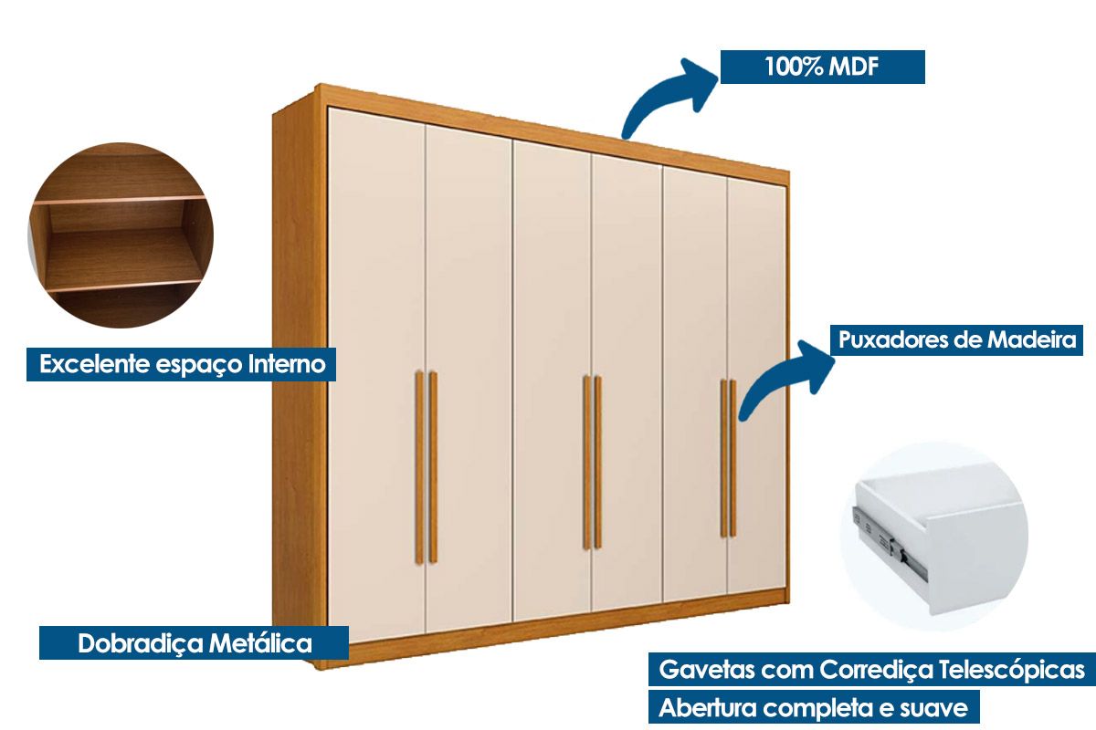 Guarda Roupa Casal 6 Portas e 8 Gavetas Bérgamo Conquista