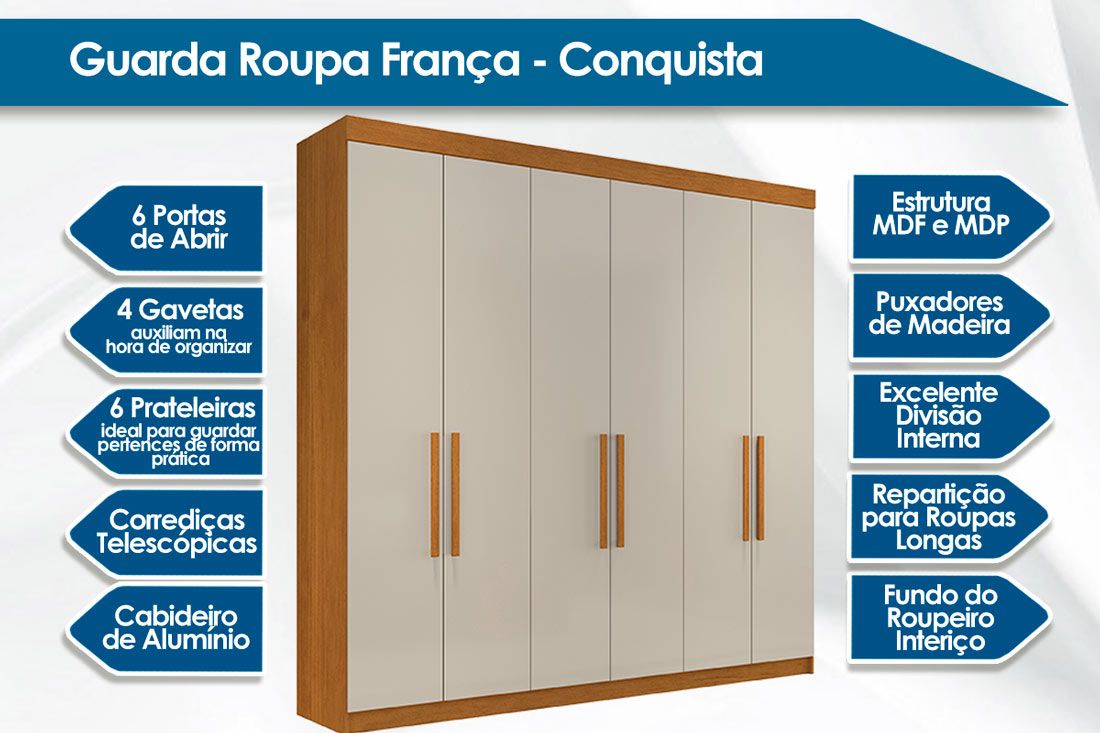 Guarda Roupa Casal 6 Portas e 4 Gavetas França Conquista