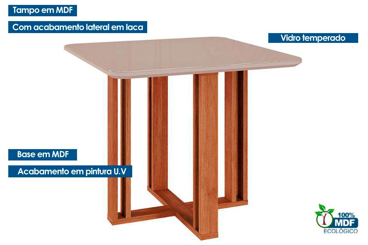 Mesa Jantar Flora c/Tampo Madeirado c/Vidro 95x95cm Cimol Mesa Jantar Flora c/Tampo Madeirado c/Vidro 95x95cm Cimol