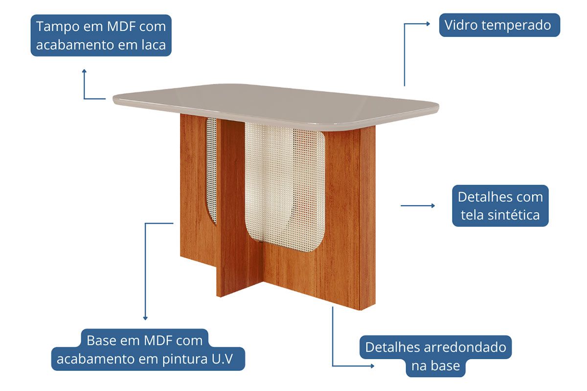 Mesa Jantar Louise c/Tampo Madeirado c/Vidro 130x80cm Cimol