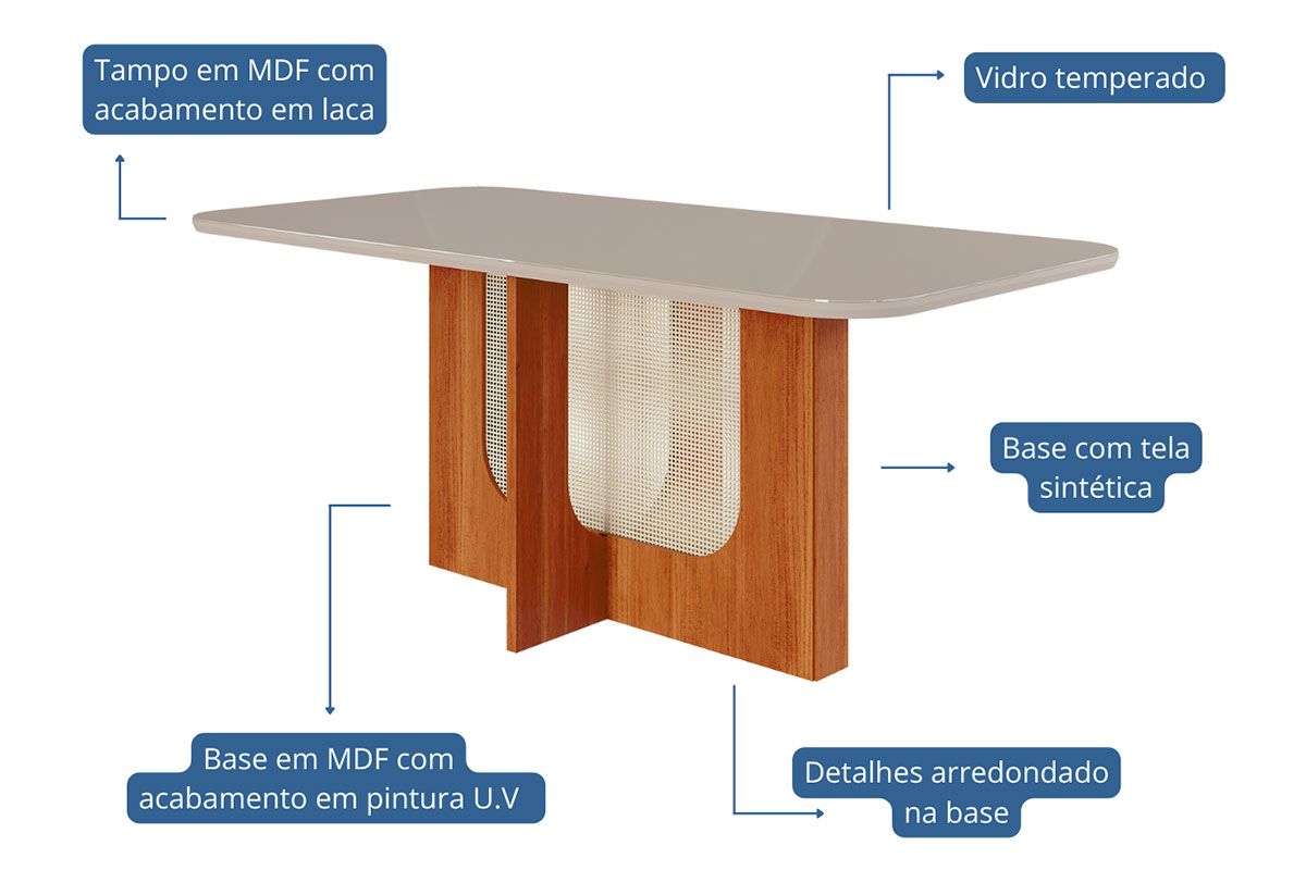 Mesa Jantar Louise c/Tampo Madeirado c/Vidro 180x90cm CimolCinamomo/Off White