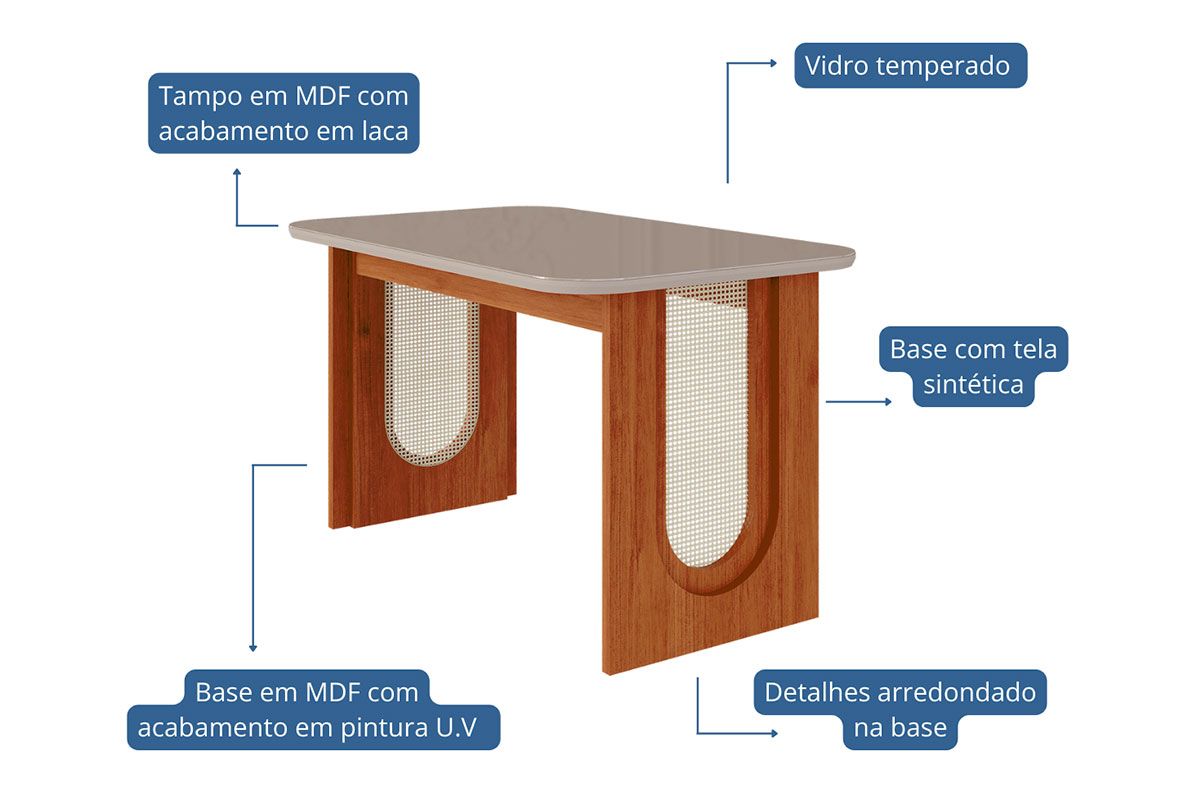 Mesa Jantar Valentina c/Tampo Madeirado c/Vidro 130x80cm Cimol
