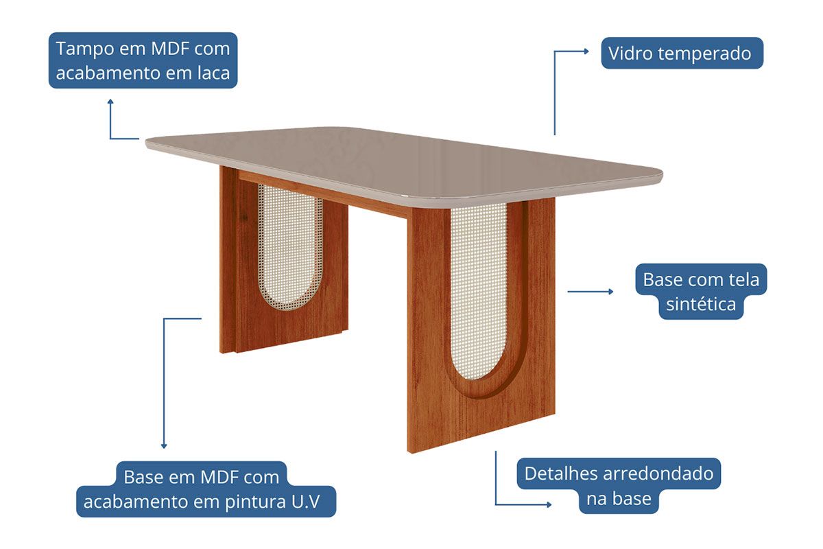 Mesa Jantar Valentina c/Tampo Madeirado c/Vidro 180x90cm Cimol